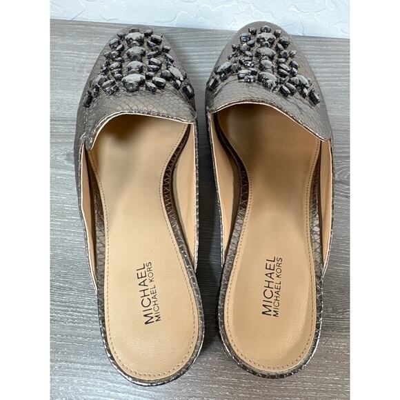 Michael Kors Edie Slide Mules Snakeskin Metallic Nickel Jeweled Leather Shoes 8 - Picture 6 of 8